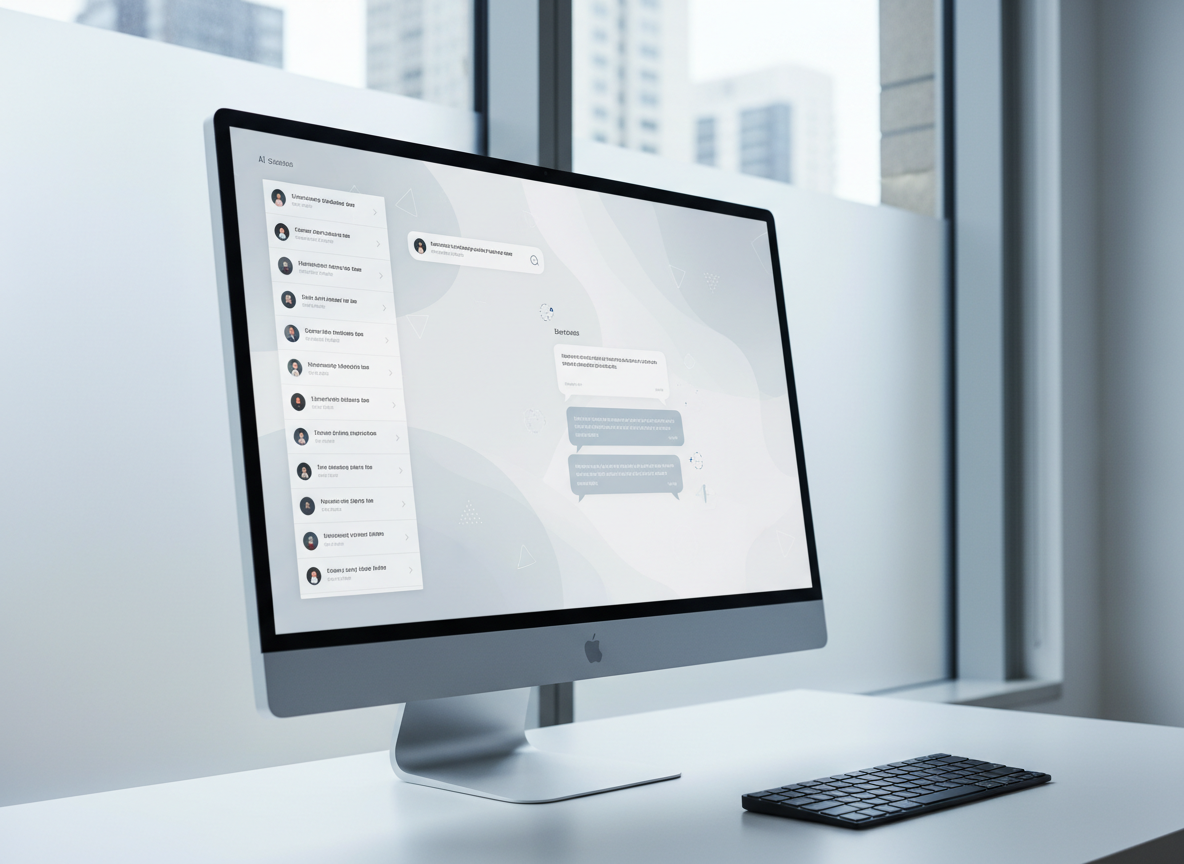 A close-up of a sophisticated chatbot interface displayed on a high-resolution, edge-to-edge monitor with a brushed aluminum frame. The interface shows organized conversation threads and subtle graphical cues for user engagement, with soft gradient backgrounds in light grey and white tones. The monitor rests on a matte white desk surface, accompanied by a single black wireless keyboard. Overhead, cool natural daylight filters in from a large frosted window, creating gentle, balanced illumination and hinting at an urban office setting. The composition features sharp focus throughout with the monitor slightly off-center, achieving an asymmetrical balance that highlights both function and elegance. The overall style is corporate, structured, and visually accessible, connecting directly to the AI solutions offered on the site.