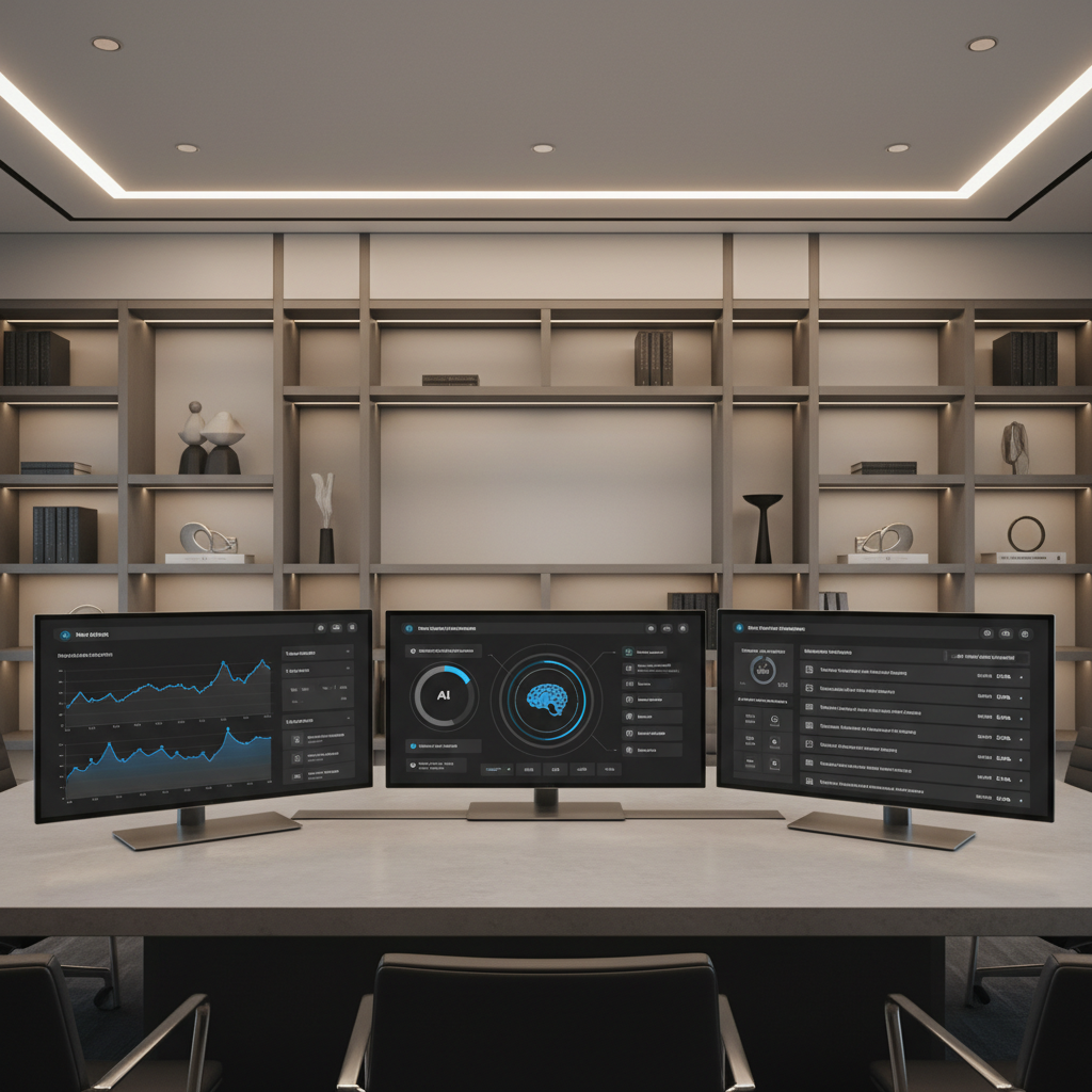 An elegant grayscale graphic dashboard displayed across multiple ultra-thin monitors arranged on a polished concrete conference table. The dashboard showcases line graphs, ranking metrics, and AI-driven analytics with small pops of cobalt blue, reflecting advanced website performance tracking. The setting is an executive boardroom with geometric shelving in the background and a neutral wall palette. Soft, indirect LED strip lighting running along the ceiling emphasizes clean edges and casts delicate highlights. The mood is analytical and high-level, with a wide-angle composition that creates depth and balance. The style remains photographic with a minimalist, corporate aesthetic, perfectly aligning with business intelligence as a cornerstone of professional AI services.