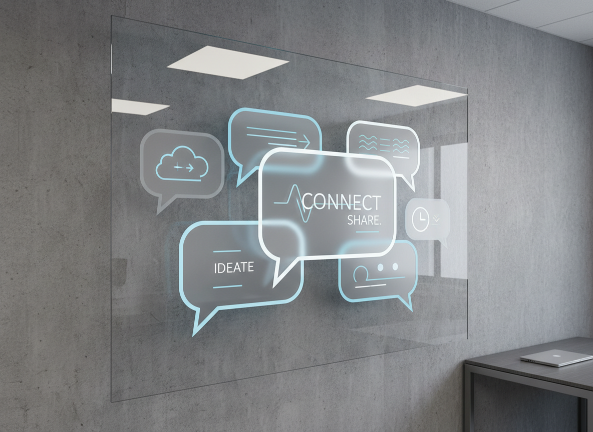 A series of minimalist, semi-transparent chat bubbles displayed on a large, frameless glass panel mounted on a textured grey office wall. The bubbles contain stylized, abstract text and icons, carefully arranged to convey seamless digital communication. The setting is a spotless, contemporary workspace with subtle background elements like a matte metallic desk corner and a closed laptop in the far distance. The lighting is soft but direct from above, creating crisp reflections on the glass and adding gentle depth. The mood is efficient and approachable, underscored by an eye-level, centered composition and a shallow depth of field. The overall look is clean, modern, and neutral, enhancing the sense of clarity and professionalism while staying true to a photographic style.